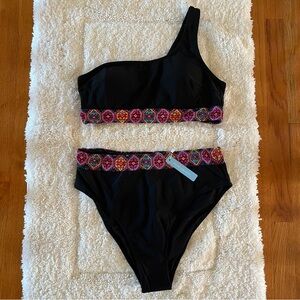 Women's Boho High Waist One Shoulder Ribbed Black Bathing Swimsuit Bikini Set XL